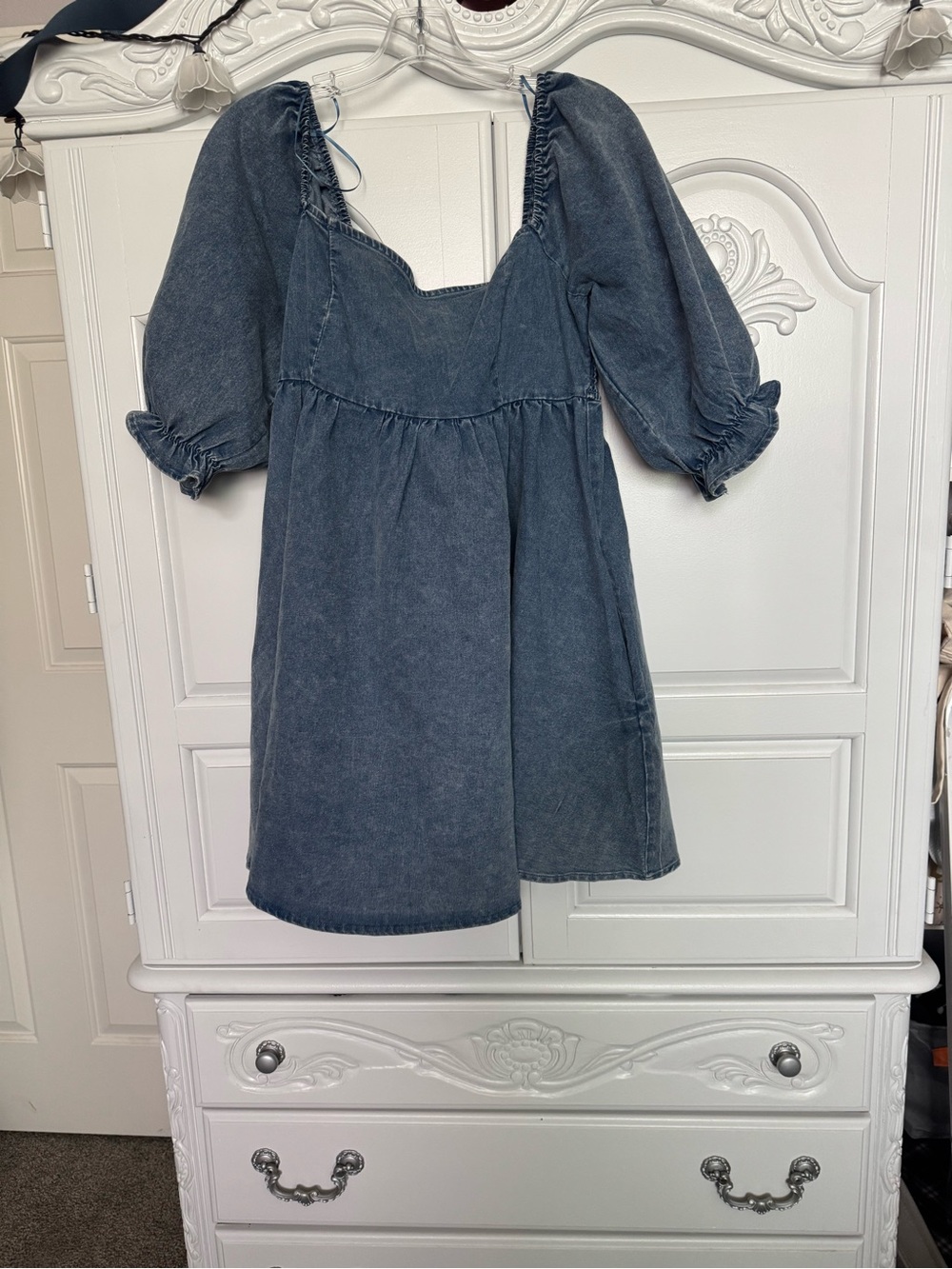 H&M Puff Sleeve Mini Dress in Wash Blue